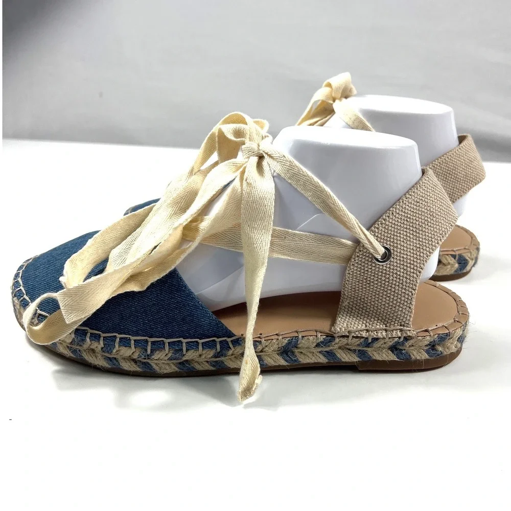 LOFT Denim Ankle Tie Espadrille Sandals Blue Tan Flat Summer Shoes Women 9M NWOT